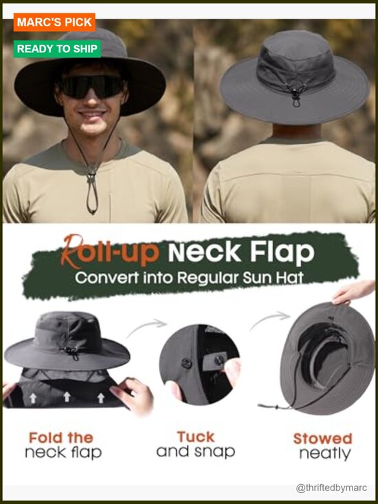 UPF 80+ Sun Hat with Neck Flap, Breathable Mesh, Adjustable Drawstring,